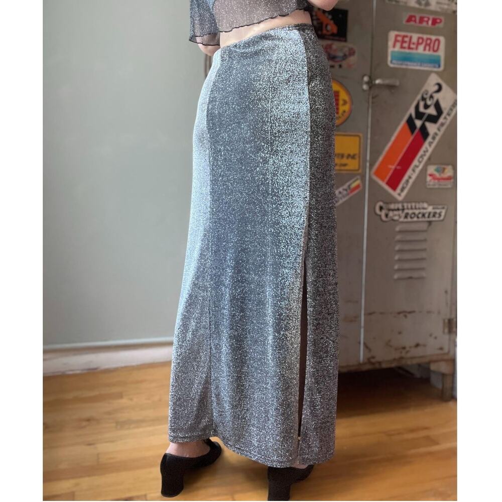 Vintage 90s Silver Lurex Maxi Skirt | High Slit Metallic Bias Cut | Y2K Party S